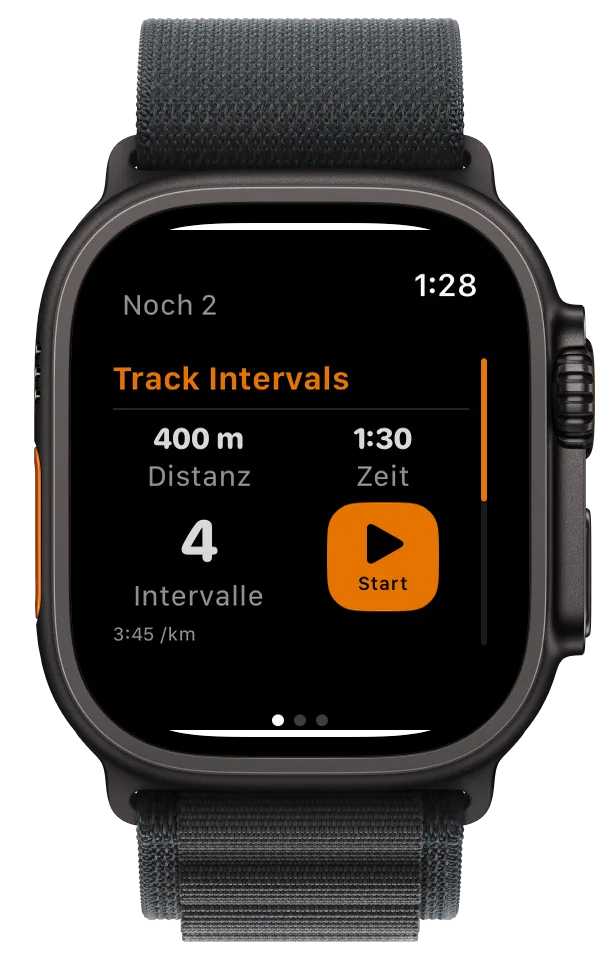 Apple Watch mit Intervalltraining, 400 m in 1:30, 4 verbleibenden Intervallen und Start-Schaltfläche