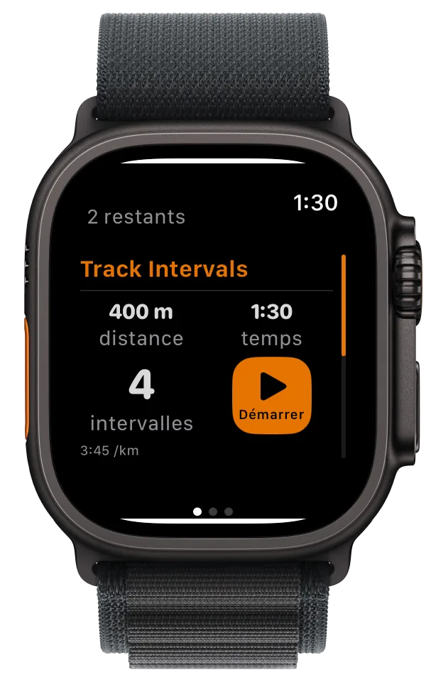 Apple Watch affiche des intervalles : 400 m en 1:30, 4 intervalles restants et un bouton de démarrage